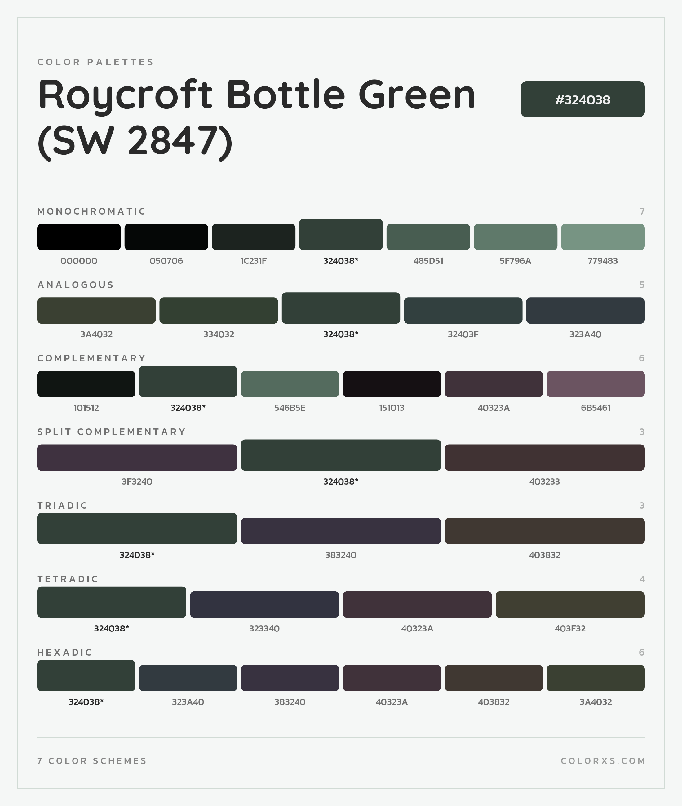 Roycroft Bottle Green (SW 2847) Color Scheme Palettes