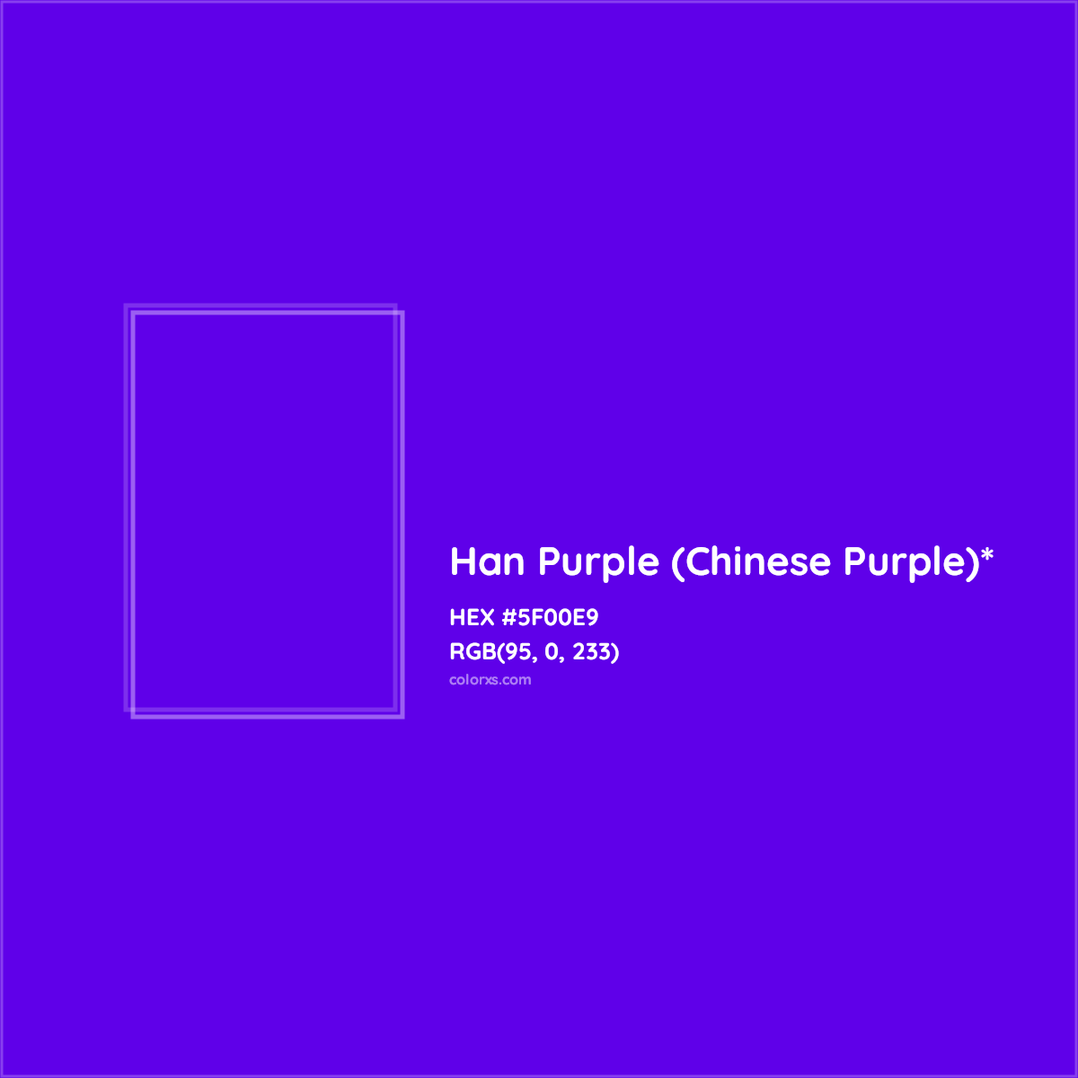 #5F00E9 hex color. RGB, RYB, CMYK, HSL, HSV codes and color conversions. Matching color names, palettes, paints.