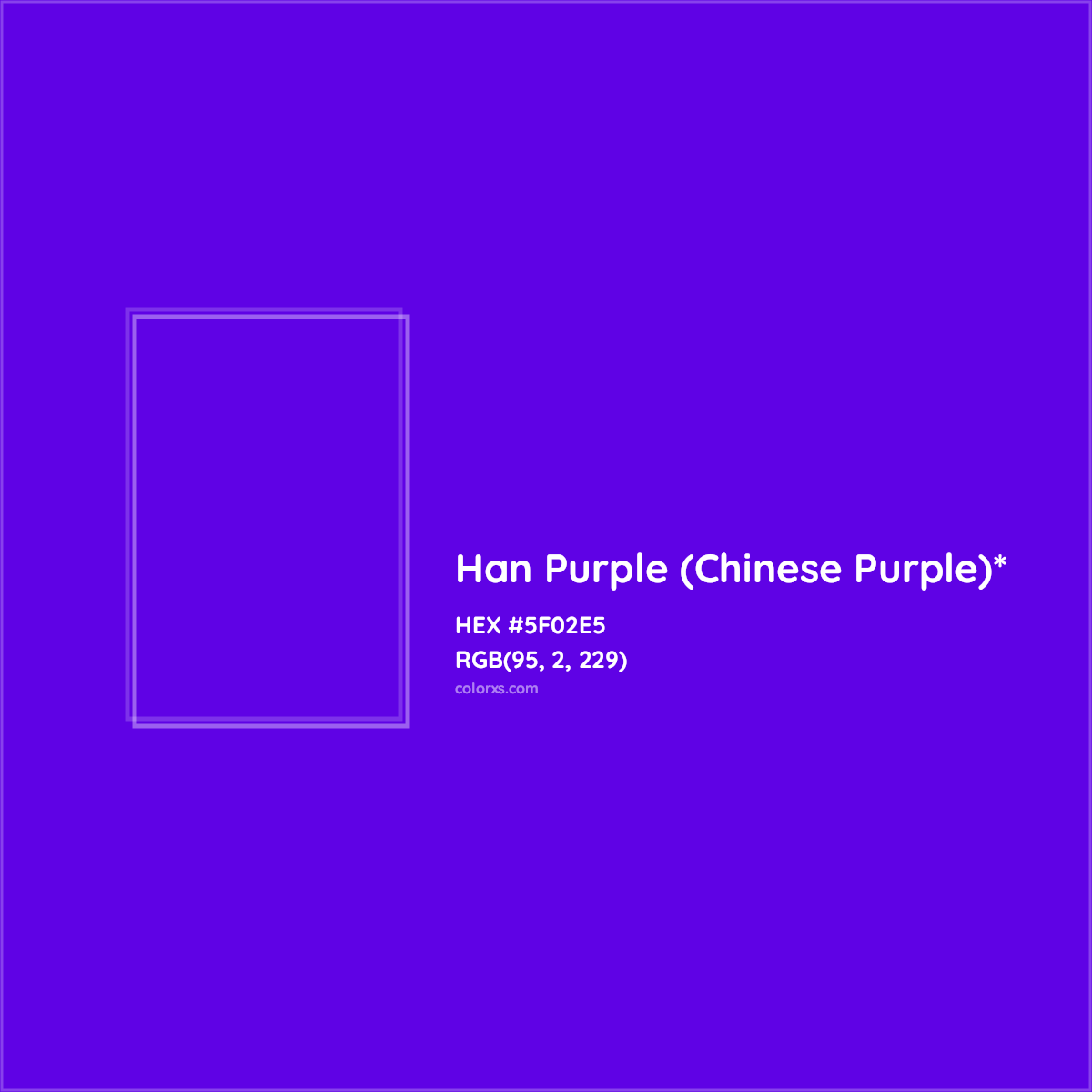 #5F02E5 hex color. RGB, RYB, CMYK, HSL, HSV codes and color conversions. Matching color names, palettes, paints.