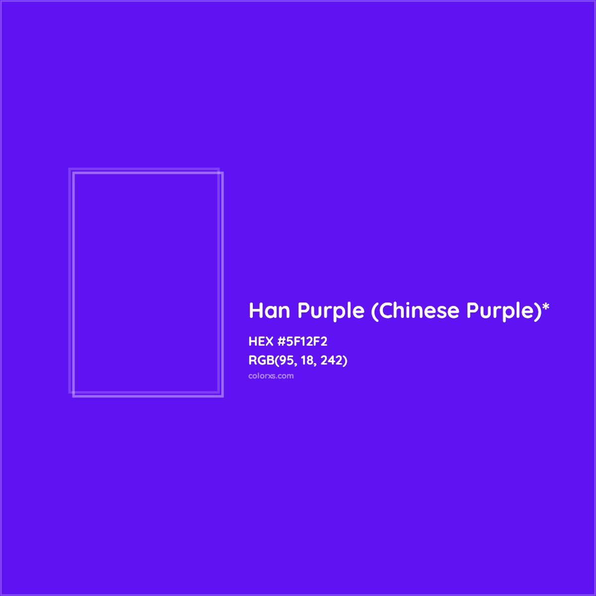 #5F12F2 hex color. RGB, RYB, CMYK, HSL, HSV codes and color conversions. Matching color names, palettes, paints.