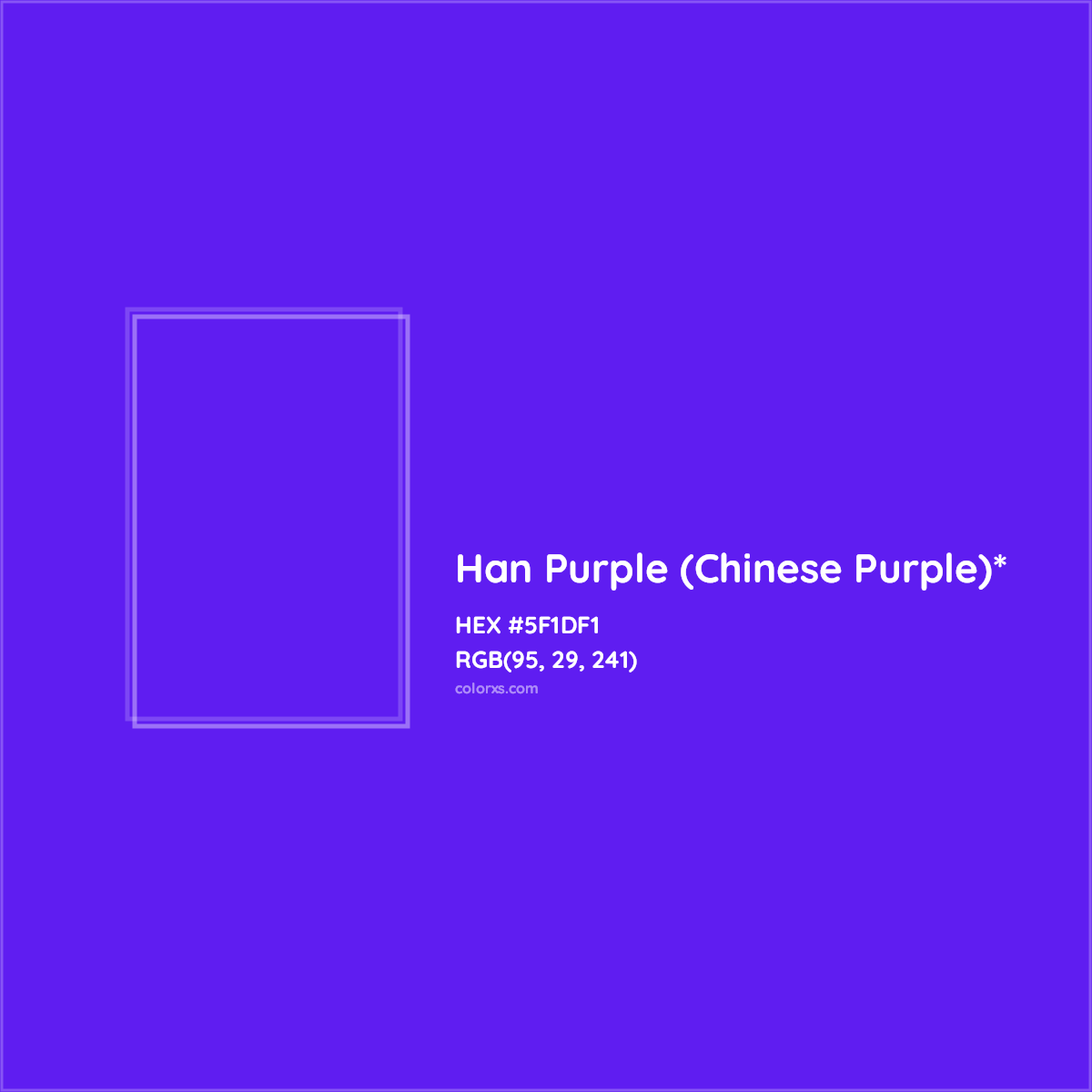 #5F1DF1 hex color. RGB, RYB, CMYK, HSL, HSV codes and color conversions. Matching color names, palettes, paints.