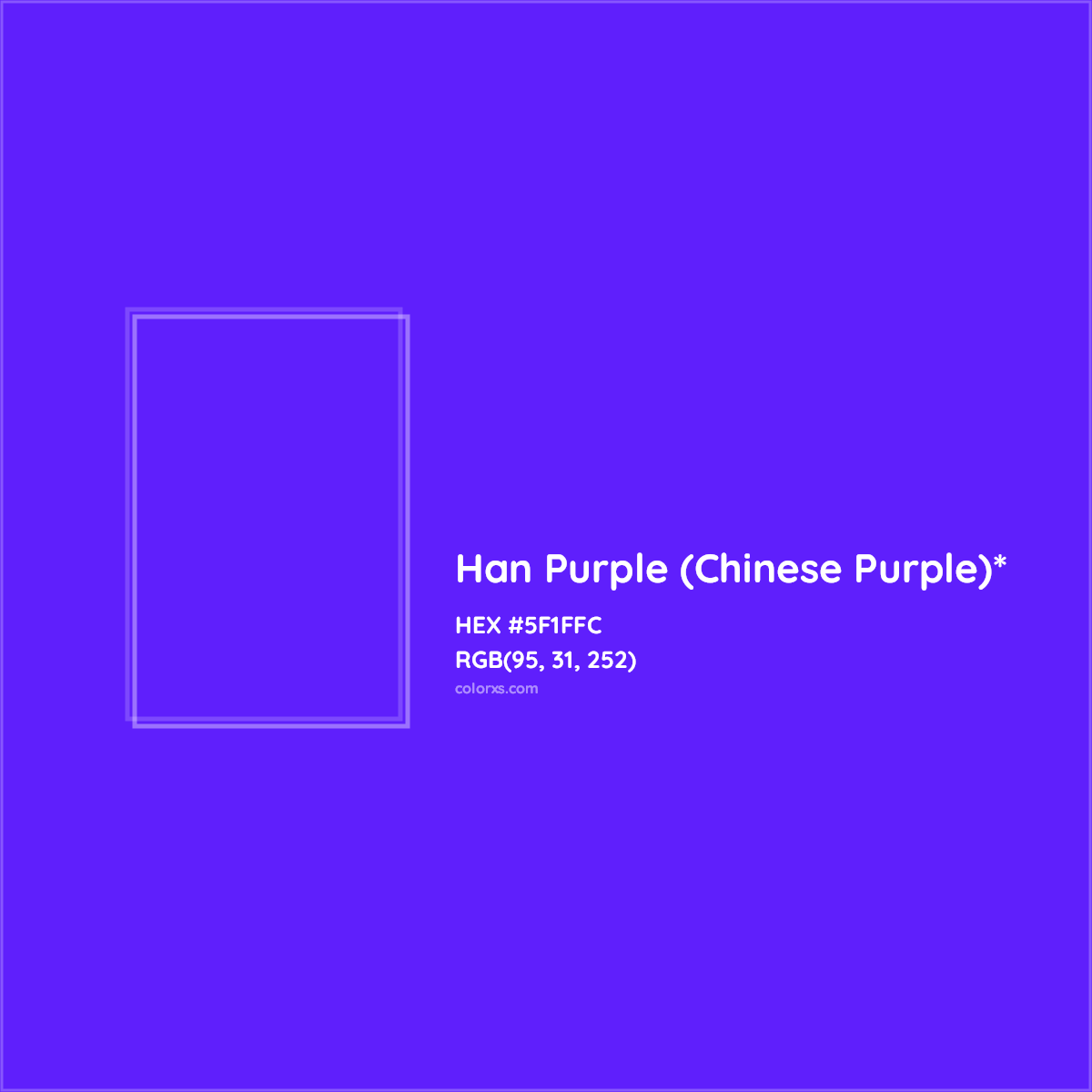 #5F1FFC hex color. RGB, RYB, CMYK, HSL, HSV codes and color conversions. Matching color names, palettes, paints.