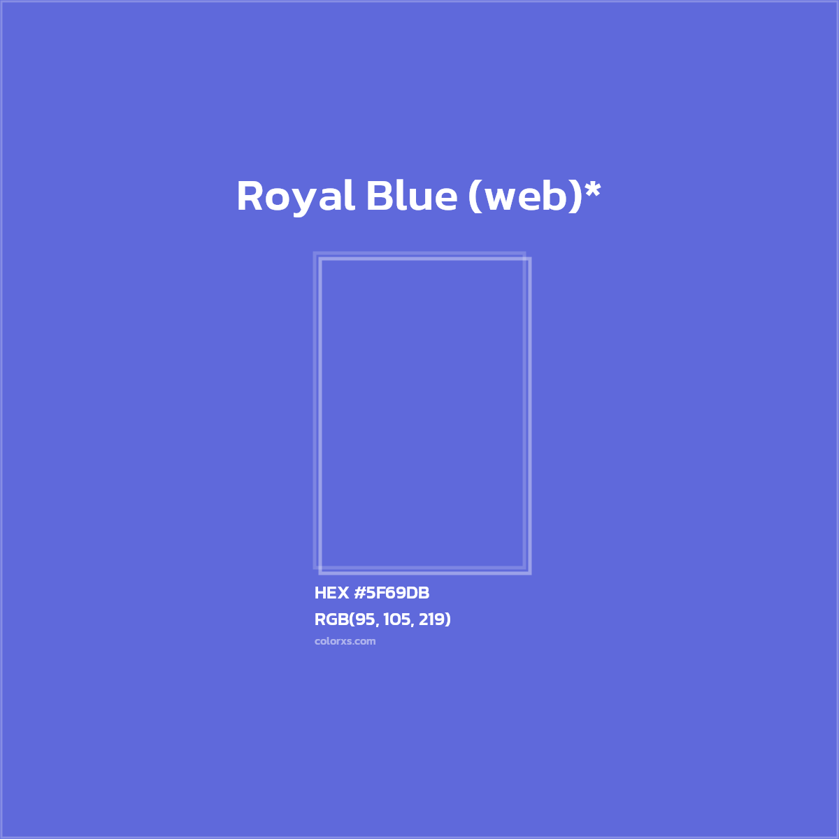 #5F69DB hex color. RGB, RYB, CMYK, HSL, HSV codes and color conversions. Matching color names, palettes, paints.