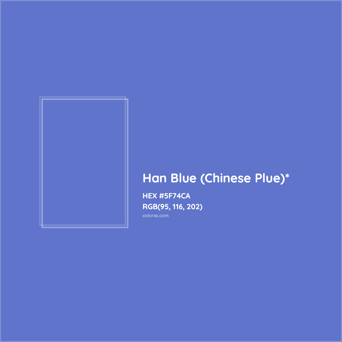 #5F74CA hex color. RGB, RYB, CMYK, HSL, HSV codes and color conversions. Matching color names, palettes, paints.