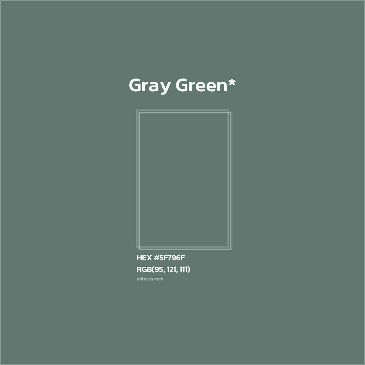#5F796F hex color. RGB, RYB, CMYK, HSL, HSV codes and color conversions. Matching color names, palettes, paints.