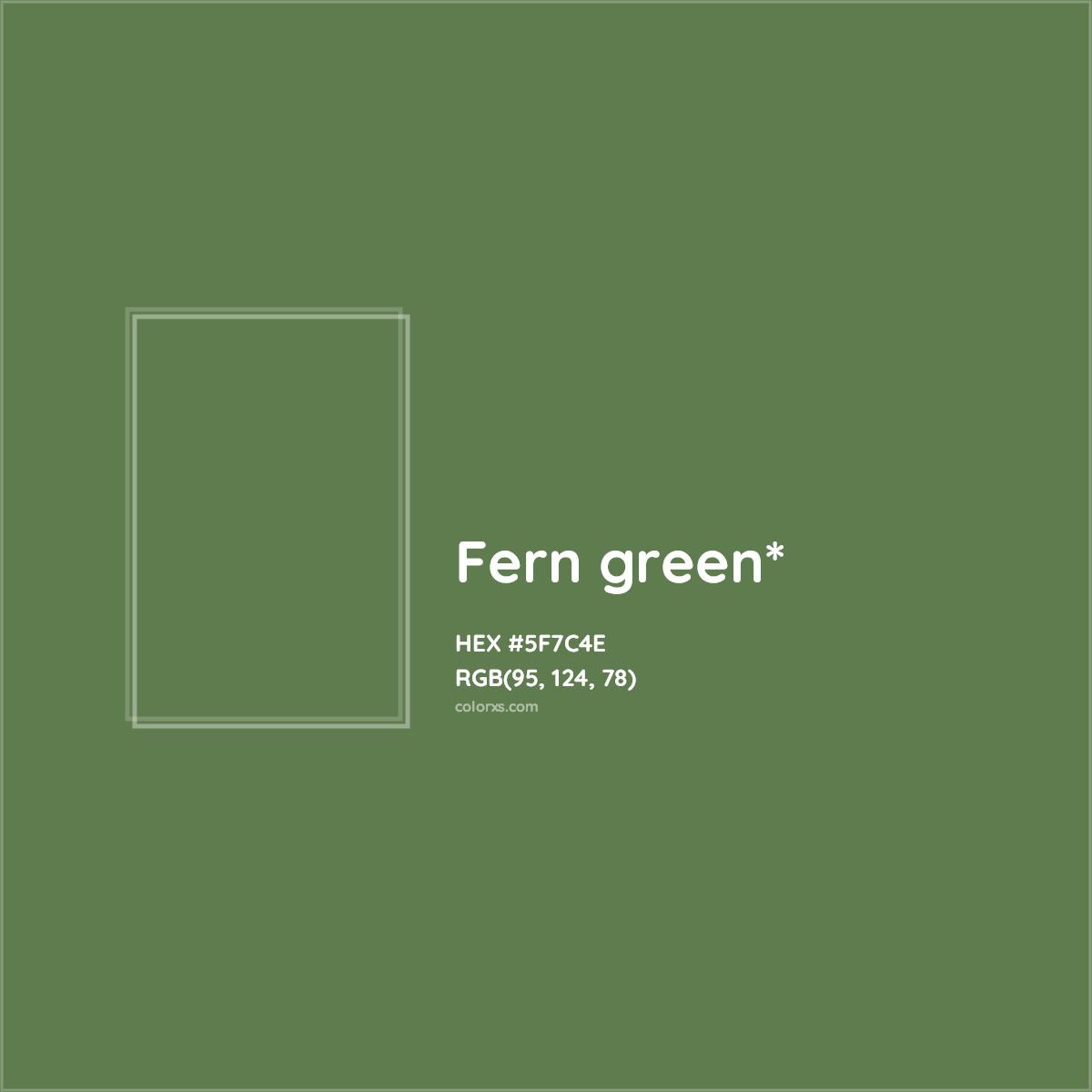 #5F7C4E hex color. RGB, RYB, CMYK, HSL, HSV codes and color conversions. Matching color names, palettes, paints.