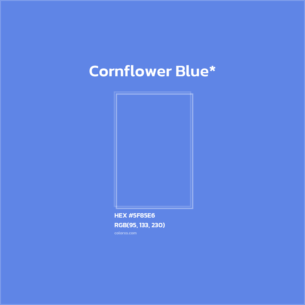 #5F85E6 hex color. RGB, RYB, CMYK, HSL, HSV codes and color conversions. Matching color names, palettes, paints.