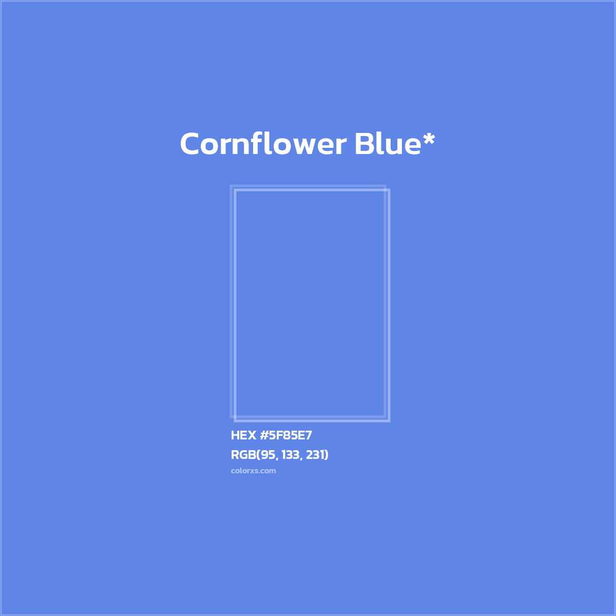 #5F85E7 hex color. RGB, RYB, CMYK, HSL, HSV codes and color conversions. Matching color names, palettes, paints.