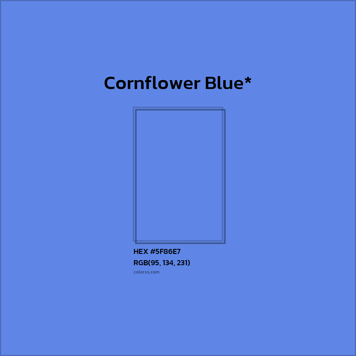 #5F86E7 hex color. RGB, RYB, CMYK, HSL, HSV codes and color conversions. Matching color names, palettes, paints.