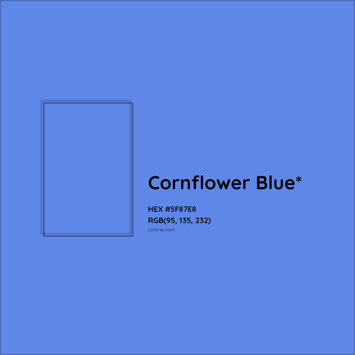 #5F87E8 hex color. RGB, RYB, CMYK, HSL, HSV codes and color conversions. Matching color names, palettes, paints.
