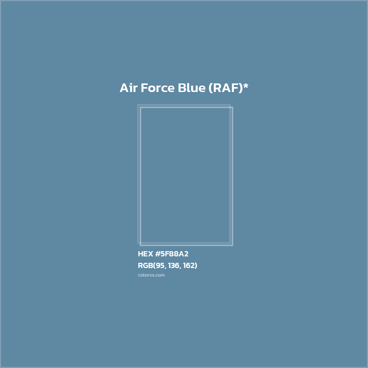 #5F88A2 hex color. RGB, RYB, CMYK, HSL, HSV codes and color conversions. Matching color names, palettes, paints.