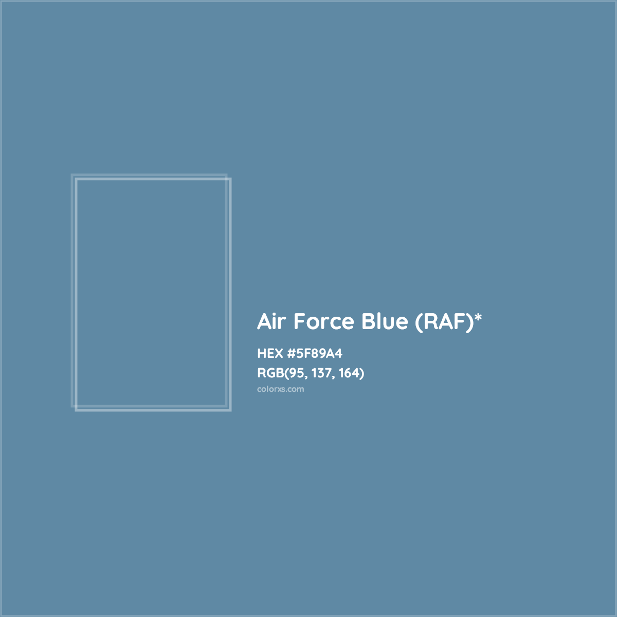 #5F89A4 hex color. RGB, RYB, CMYK, HSL, HSV codes and color conversions. Matching color names, palettes, paints.