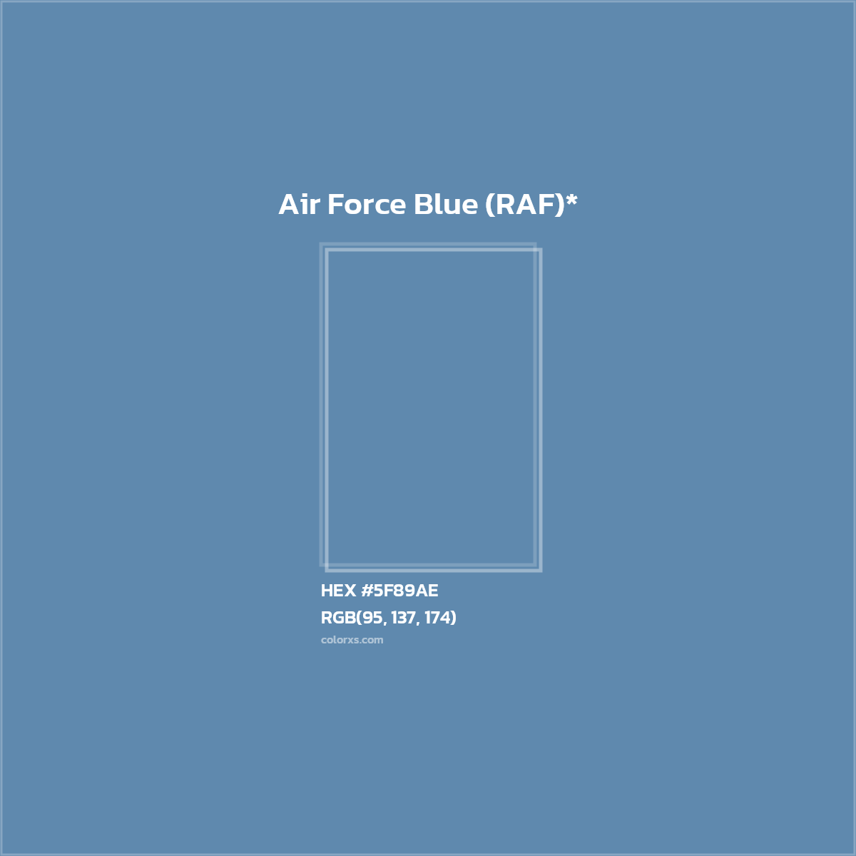 #5F89AE hex color. RGB, RYB, CMYK, HSL, HSV codes and color conversions. Matching color names, palettes, paints.
