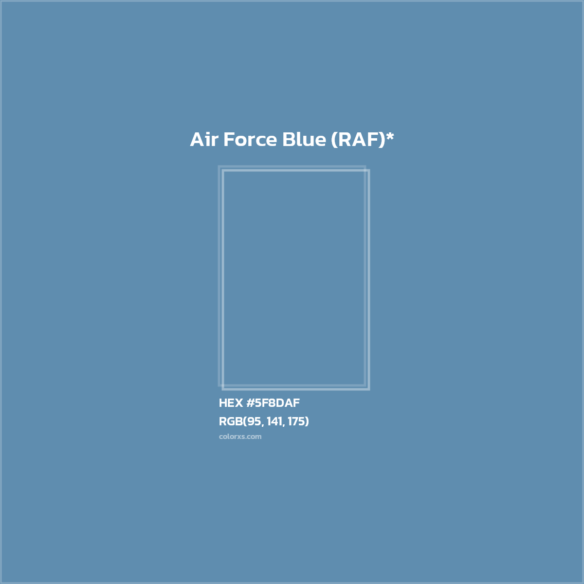 #5F8DAF hex color. RGB, RYB, CMYK, HSL, HSV codes and color conversions. Matching color names, palettes, paints.