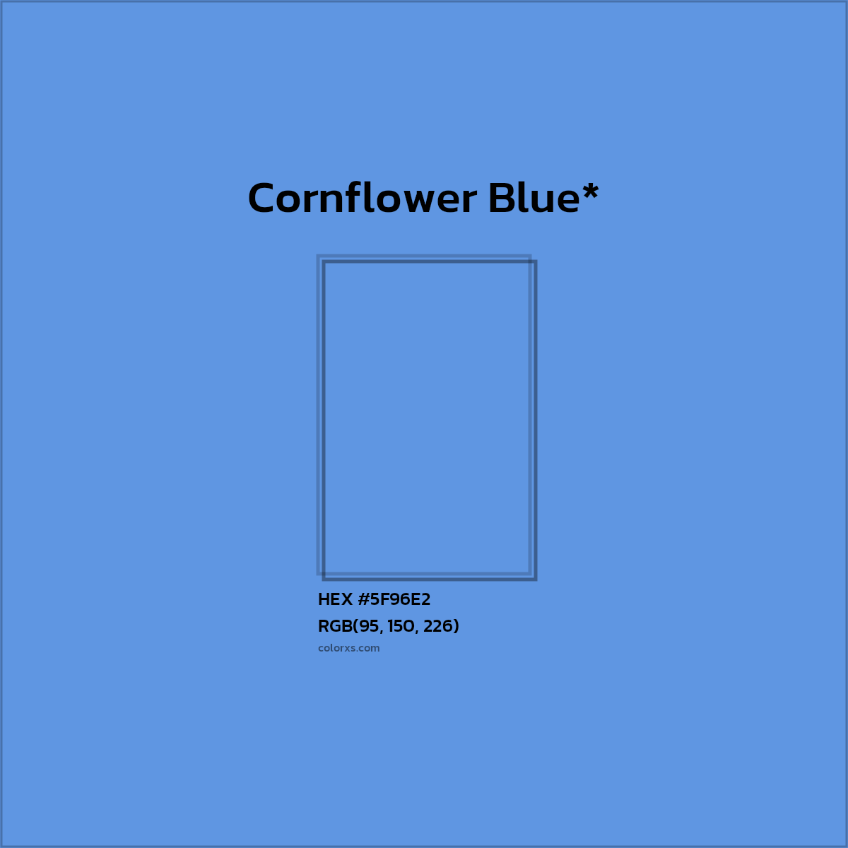 #5F96E2 hex color. RGB, RYB, CMYK, HSL, HSV codes and color conversions. Matching color names, palettes, paints.