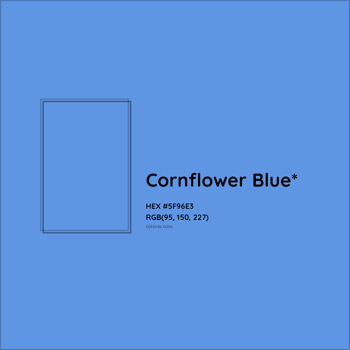 #5F96E3 hex color. RGB, RYB, CMYK, HSL, HSV codes and color conversions. Matching color names, palettes, paints.