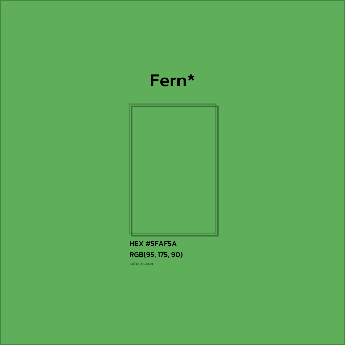 #5FAF5A hex color. RGB, RYB, CMYK, HSL, HSV codes and color conversions. Matching color names, palettes, paints.