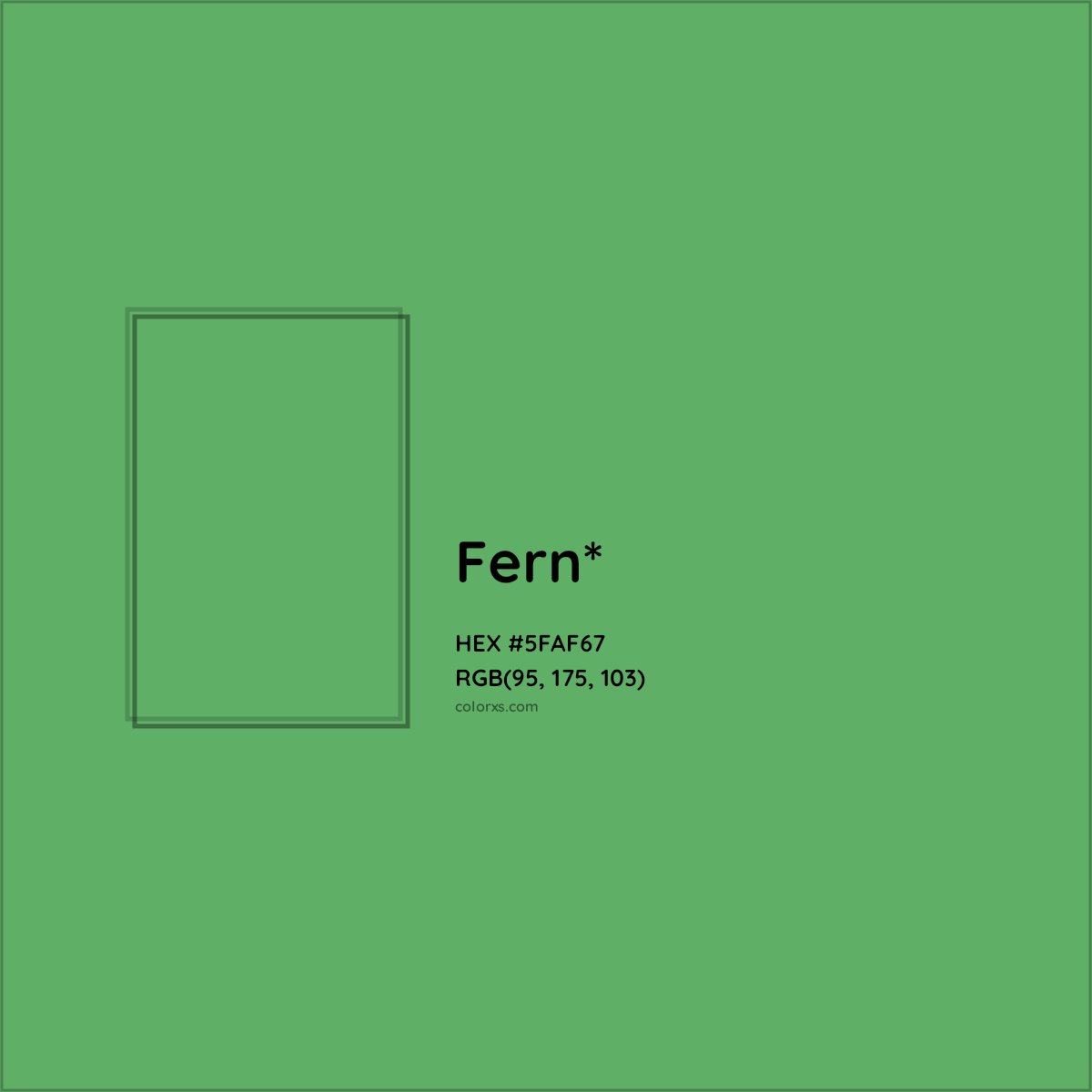 #5FAF67 hex color. RGB, RYB, CMYK, HSL, HSV codes and color conversions. Matching color names, palettes, paints.