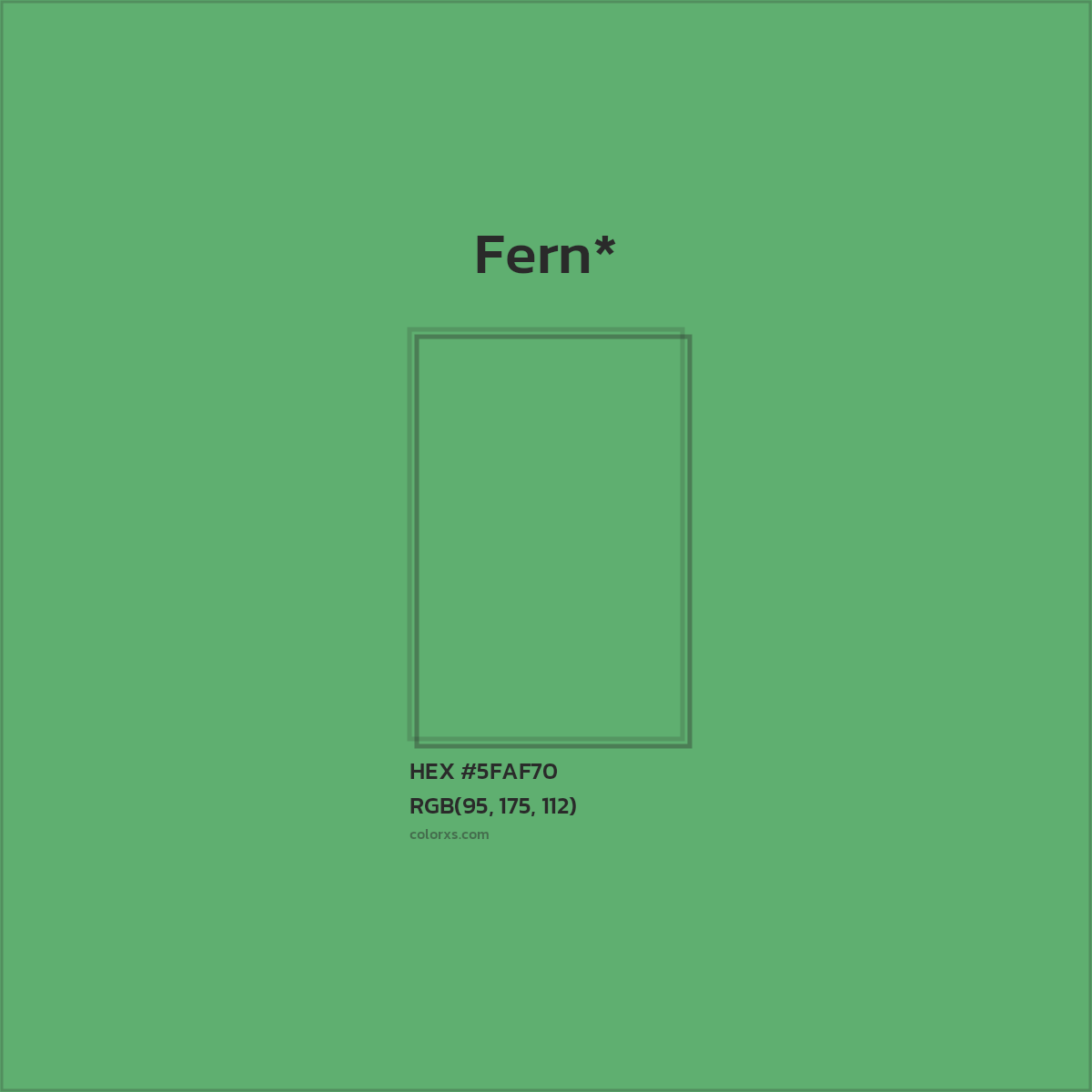 #5FAF70 hex color. RGB, RYB, CMYK, HSL, HSV codes and color conversions. Matching color names, palettes, paints.