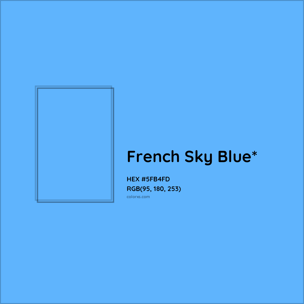 #5FB4FD hex color. RGB, RYB, CMYK, HSL, HSV codes and color conversions. Matching color names, palettes, paints.
