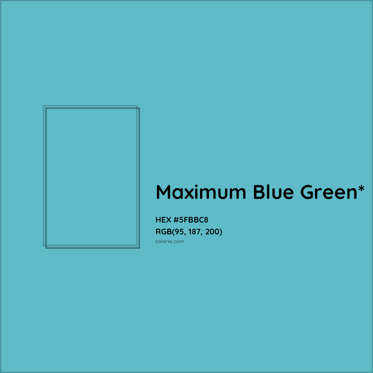 #5FBBC8 hex color. RGB, RYB, CMYK, HSL, HSV codes and color conversions. Matching color names, palettes, paints.