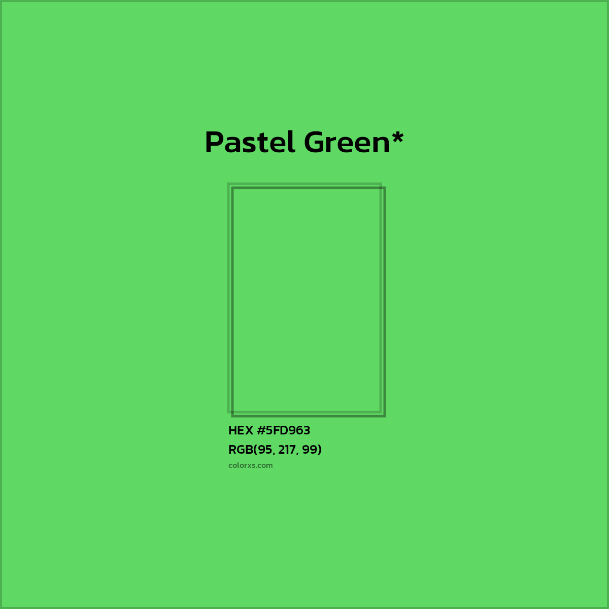 #5FD963 hex color. RGB, RYB, CMYK, HSL, HSV codes and color conversions. Matching color names, palettes, paints.