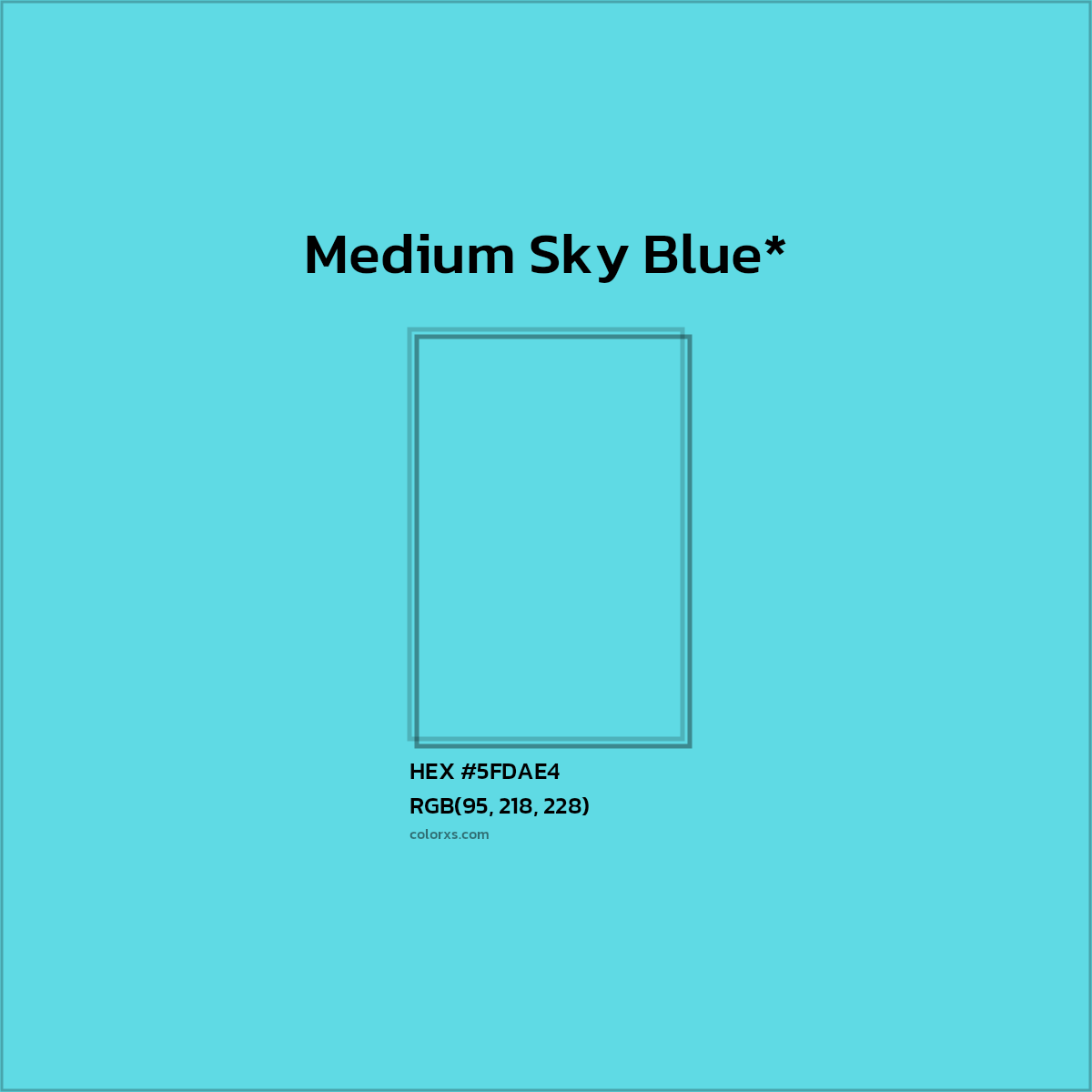 #5FDAE4 hex color. RGB, RYB, CMYK, HSL, HSV codes and color conversions. Matching color names, palettes, paints.