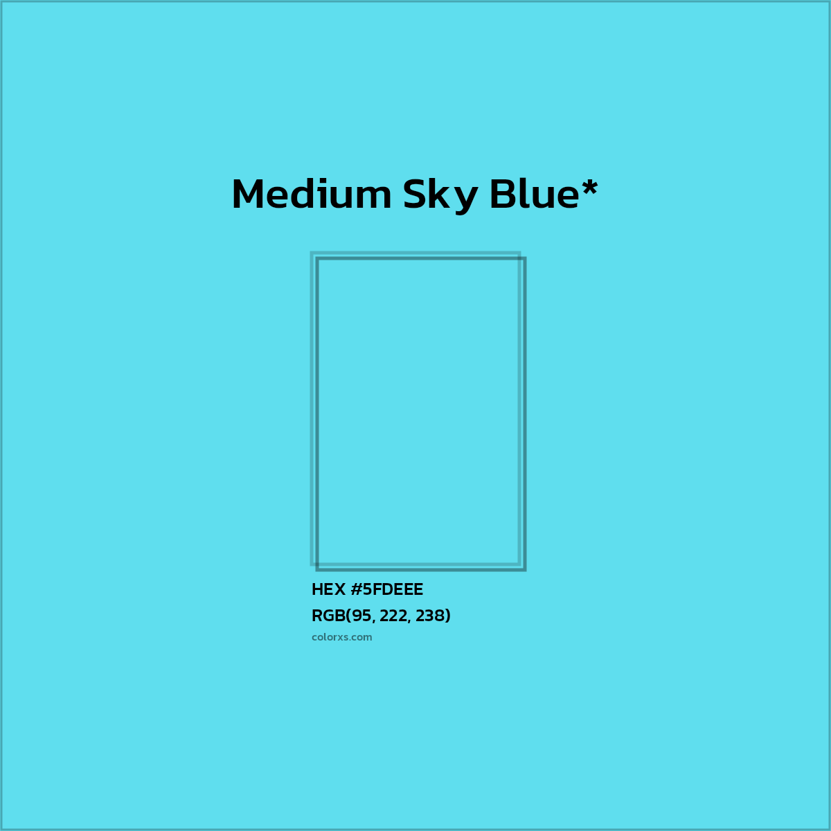 #5FDEEE hex color. RGB, RYB, CMYK, HSL, HSV codes and color conversions. Matching color names, palettes, paints.