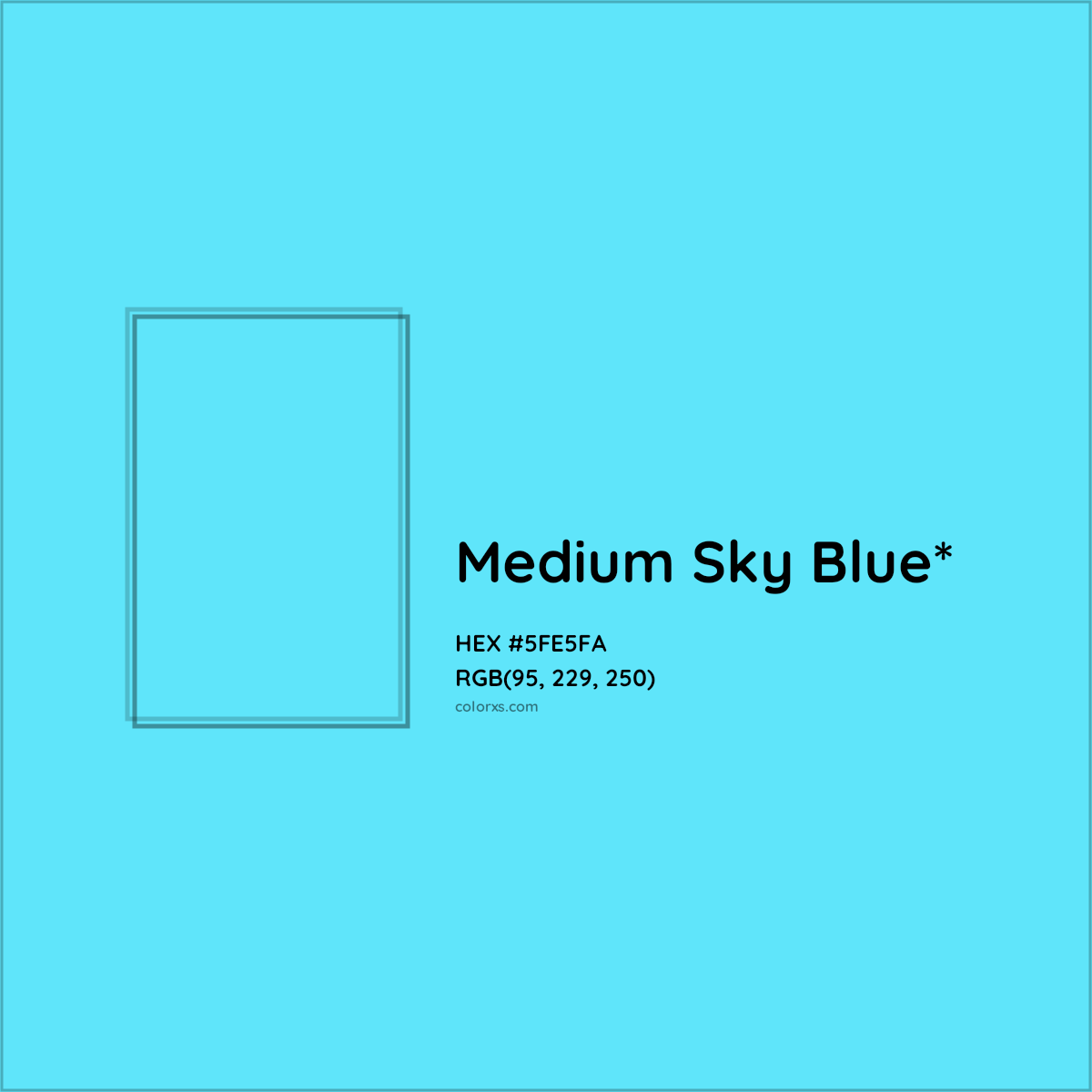 #5FE5FA hex color. RGB, RYB, CMYK, HSL, HSV codes and color conversions. Matching color names, palettes, paints.