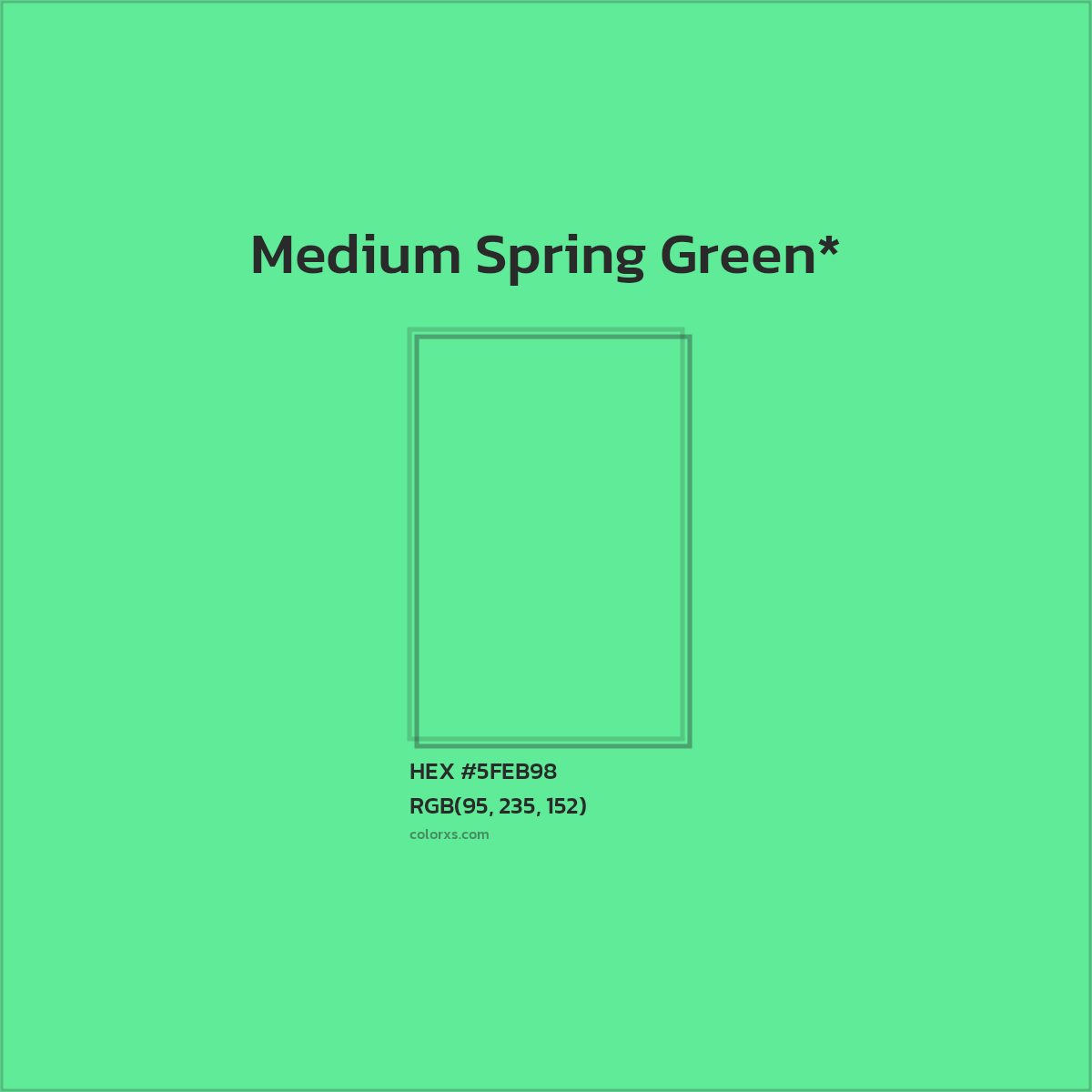 #5FEB98 hex color. RGB, RYB, CMYK, HSL, HSV codes and color conversions. Matching color names, palettes, paints.