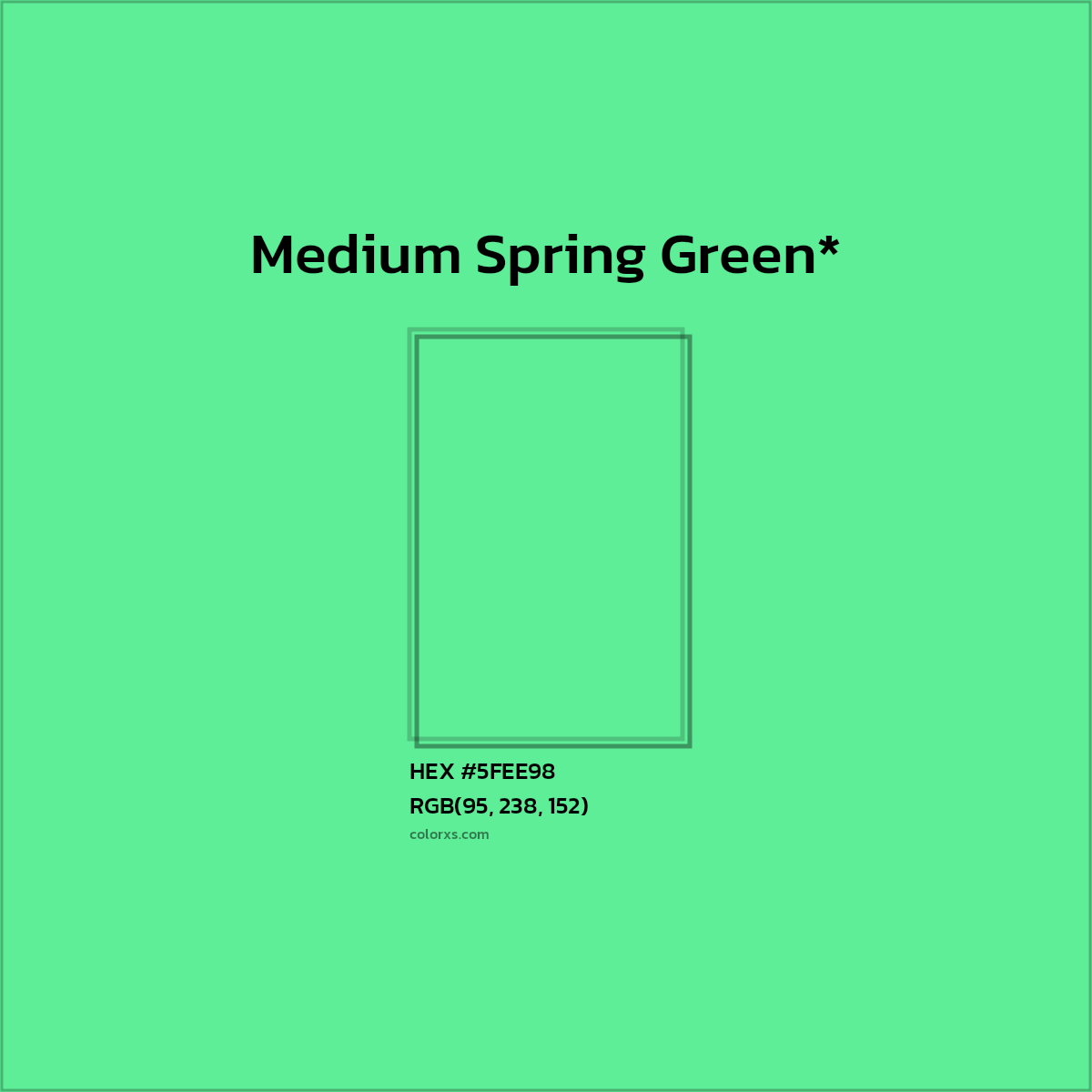 #5FEE98 hex color. RGB, RYB, CMYK, HSL, HSV codes and color conversions. Matching color names, palettes, paints.