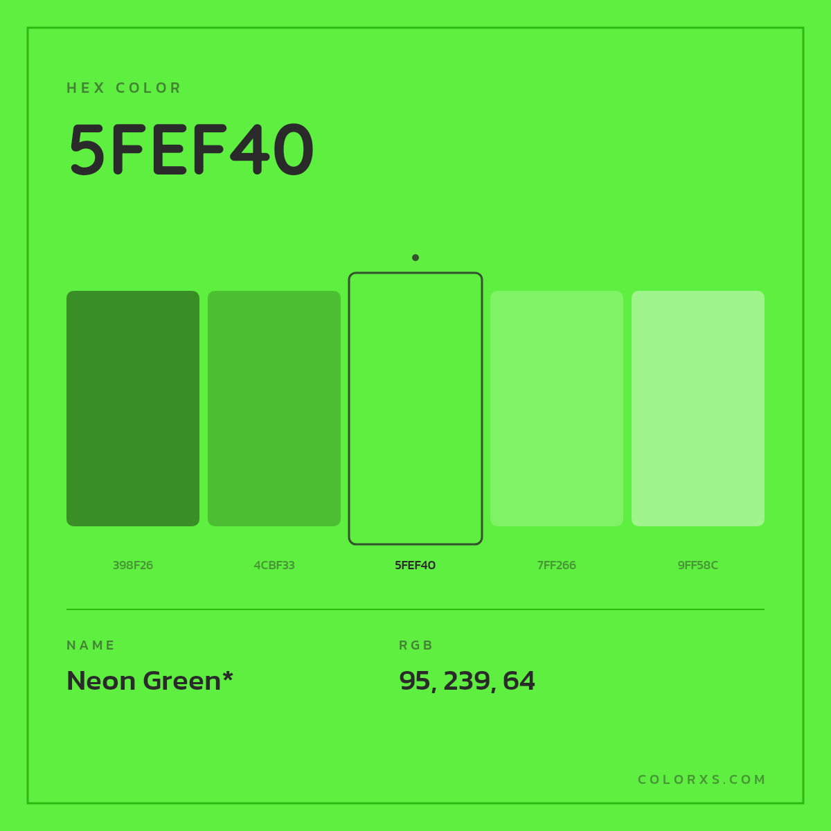 #5FEF40 hex color. RGB, RYB, CMYK, HSL, HSV codes and color conversions. Matching color names, palettes, paints.