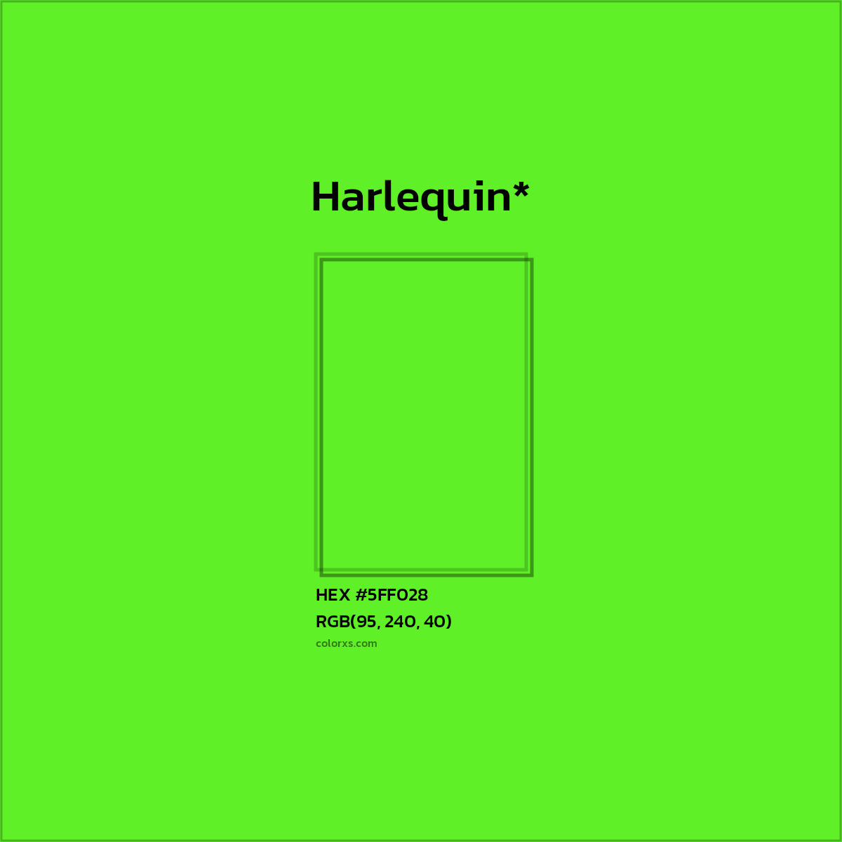 #5FF028 hex color. RGB, RYB, CMYK, HSL, HSV codes and color conversions. Matching color names, palettes, paints.