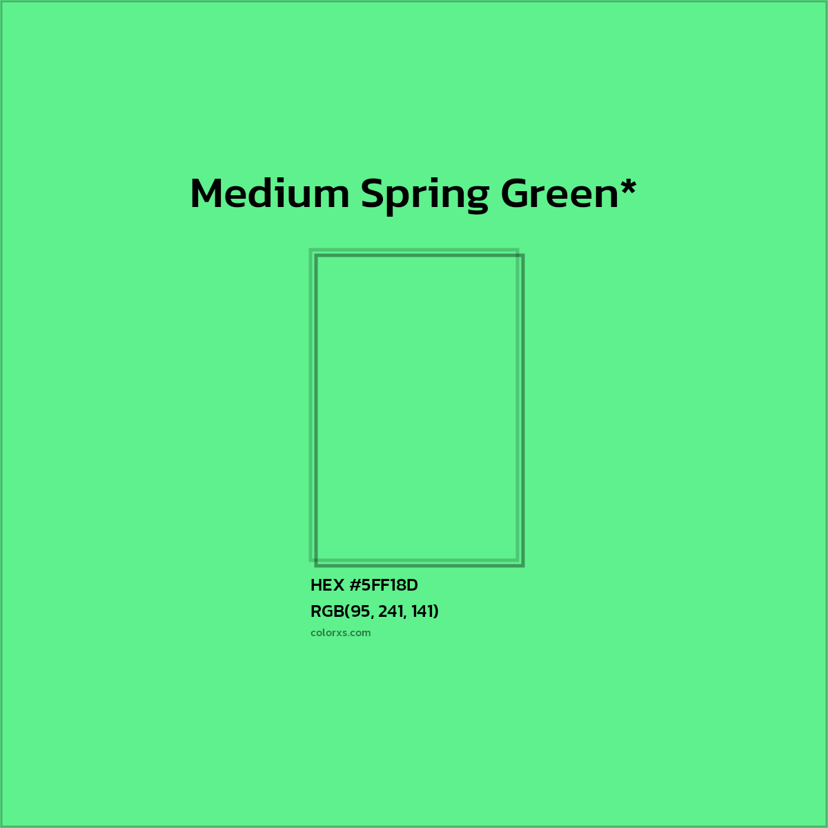 #5FF18D hex color. RGB, RYB, CMYK, HSL, HSV codes and color conversions. Matching color names, palettes, paints.