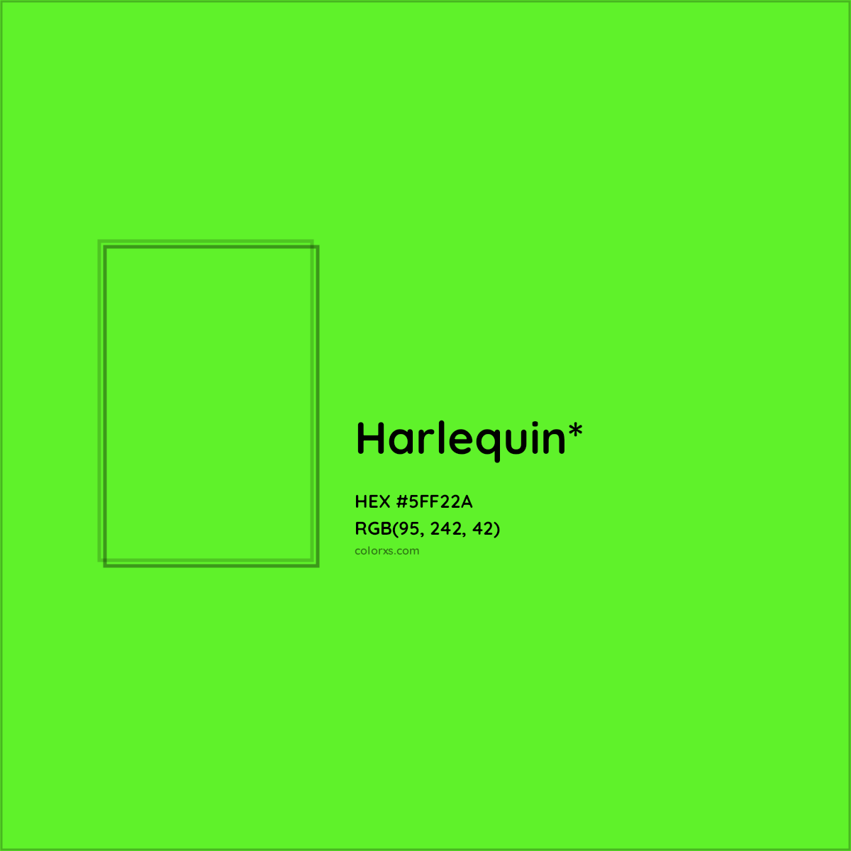#5FF22A hex color. RGB, RYB, CMYK, HSL, HSV codes and color conversions. Matching color names, palettes, paints.