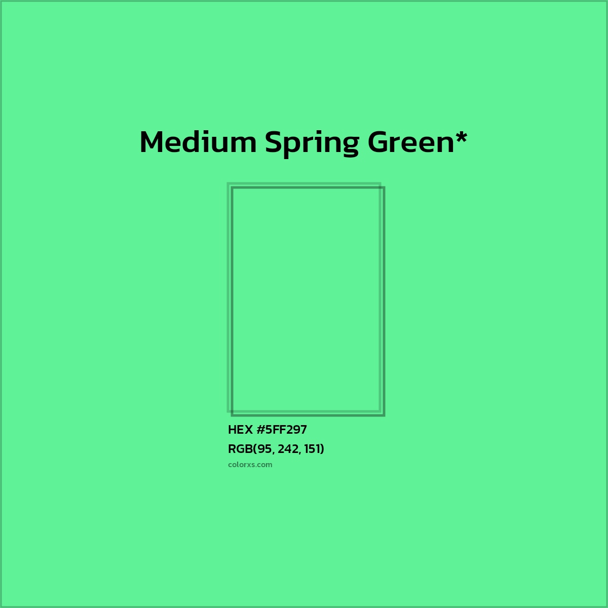 #5FF297 hex color. RGB, RYB, CMYK, HSL, HSV codes and color conversions. Matching color names, palettes, paints.