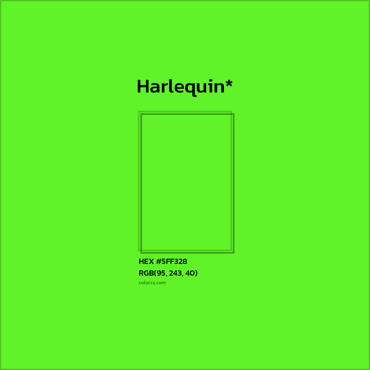 #5FF328 hex color. RGB, RYB, CMYK, HSL, HSV codes and color conversions. Matching color names, palettes, paints.