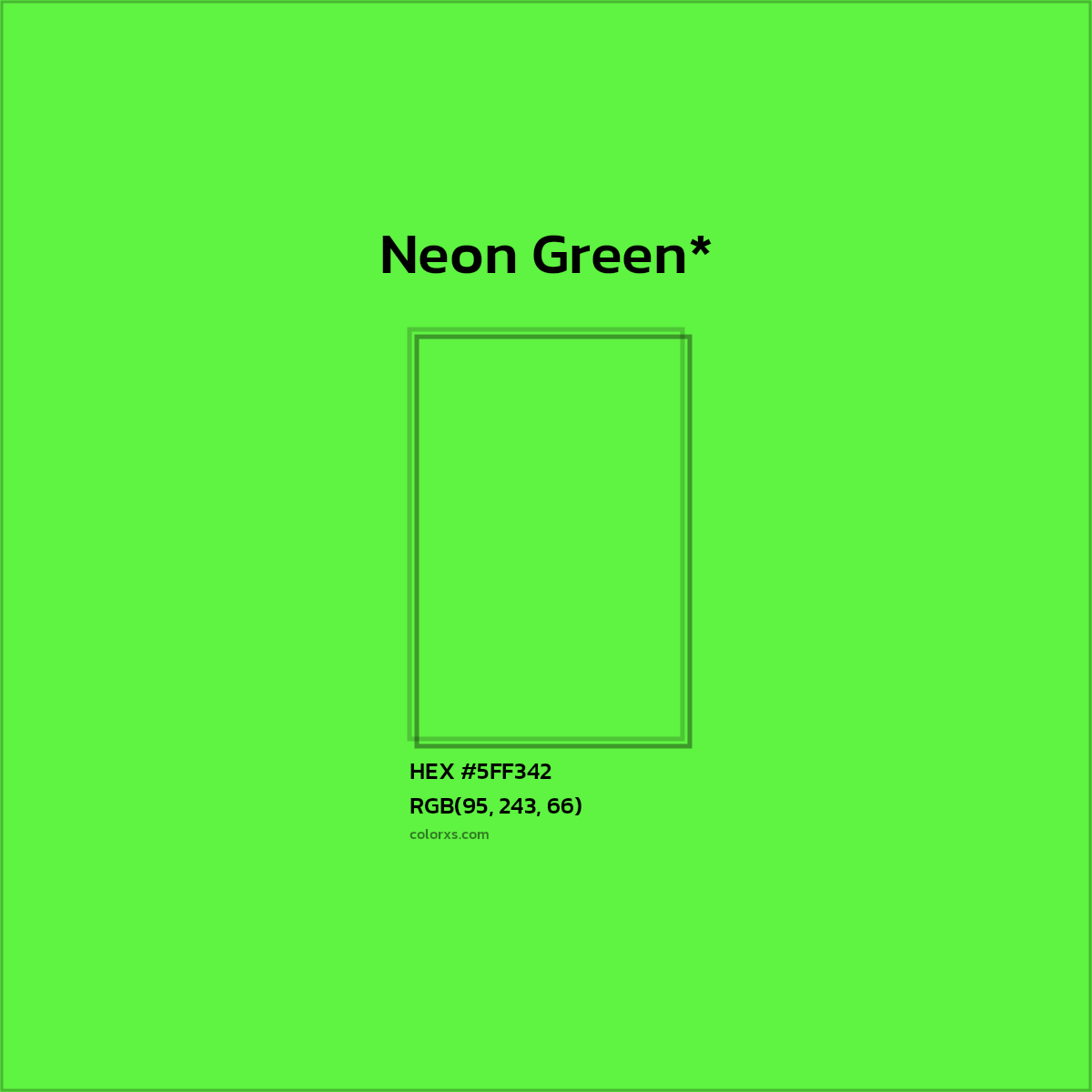 #5FF342 hex color. RGB, RYB, CMYK, HSL, HSV codes and color conversions. Matching color names, palettes, paints.