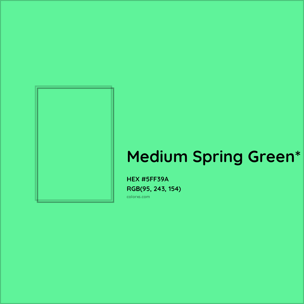 #5FF39A hex color. RGB, RYB, CMYK, HSL, HSV codes and color conversions. Matching color names, palettes, paints.