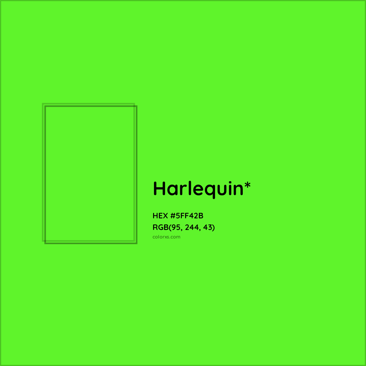 #5FF42B hex color. RGB, RYB, CMYK, HSL, HSV codes and color conversions. Matching color names, palettes, paints.