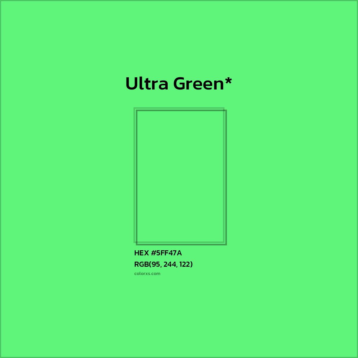 #5FF47A hex color. RGB, RYB, CMYK, HSL, HSV codes and color conversions. Matching color names, palettes, paints.