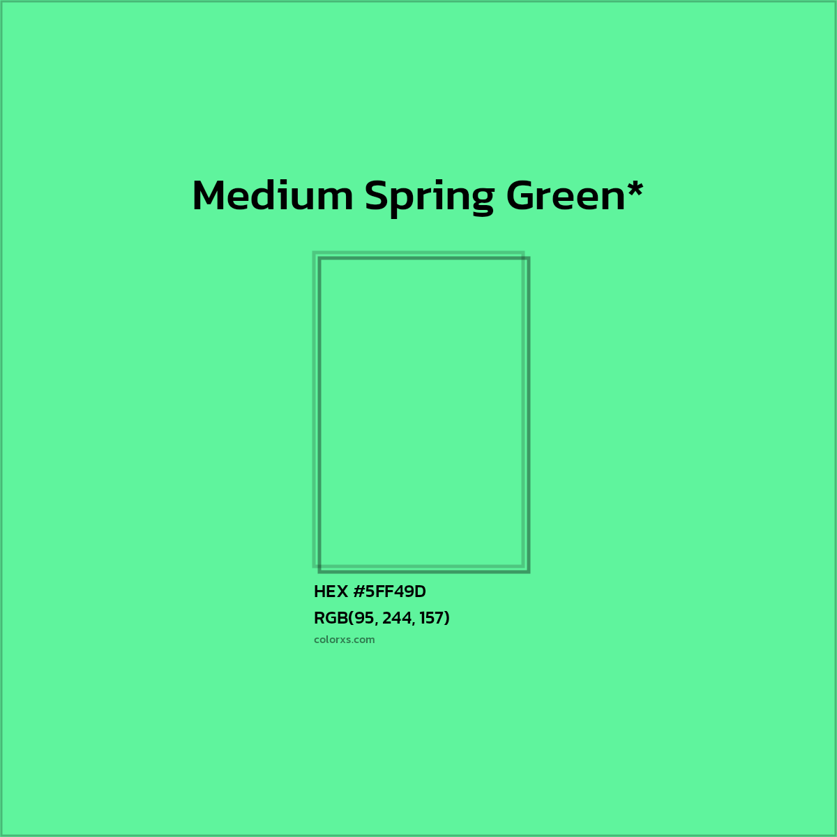 #5FF49D hex color. RGB, RYB, CMYK, HSL, HSV codes and color conversions. Matching color names, palettes, paints.