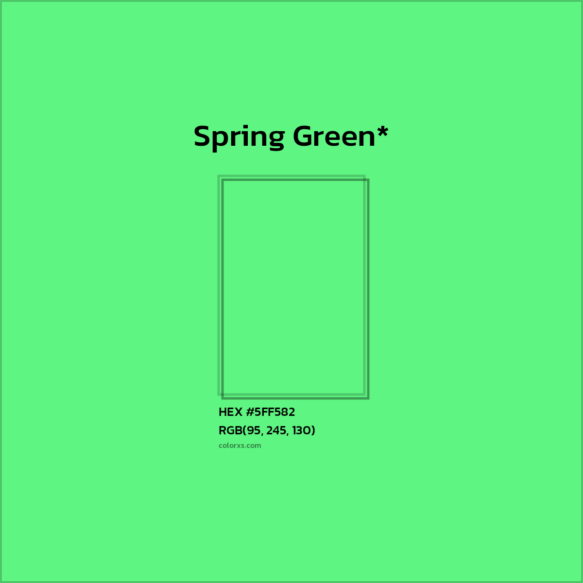 #5FF582 hex color. RGB, RYB, CMYK, HSL, HSV codes and color conversions. Matching color names, palettes, paints.