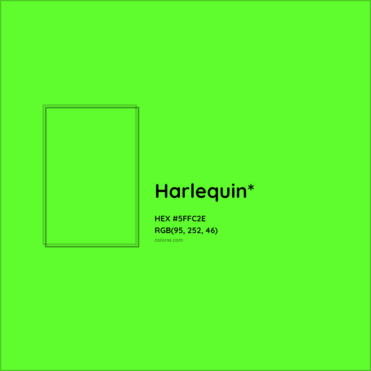 #5FFC2E hex color. RGB, RYB, CMYK, HSL, HSV codes and color conversions. Matching color names, palettes, paints.