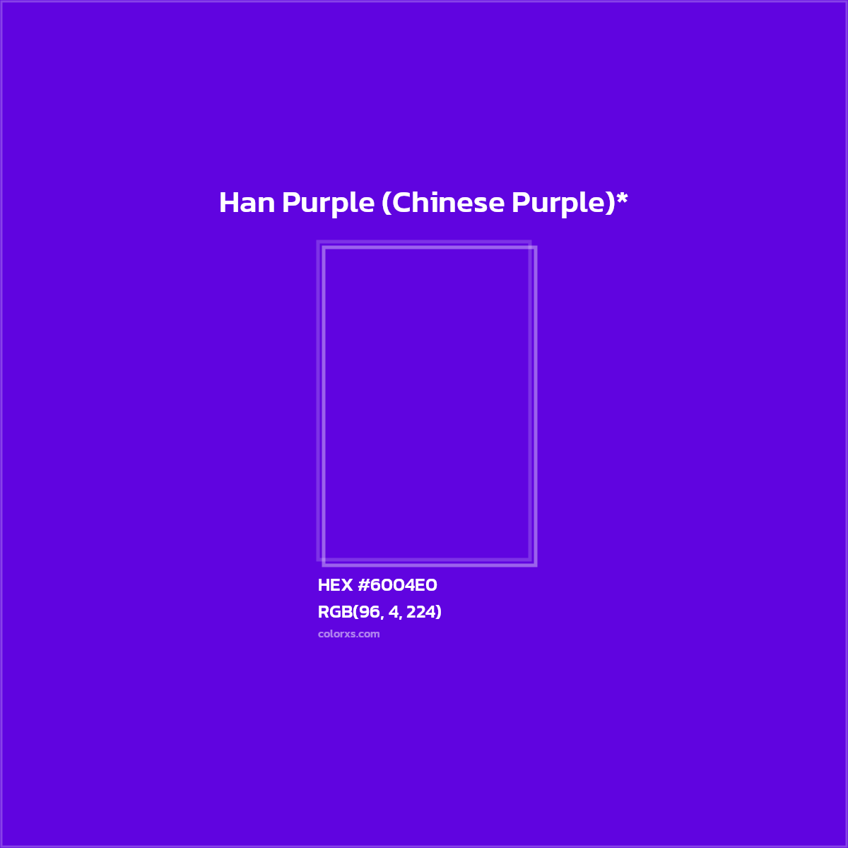 #6004E0 hex color. RGB, RYB, CMYK, HSL, HSV codes and color conversions. Matching color names, palettes, paints.