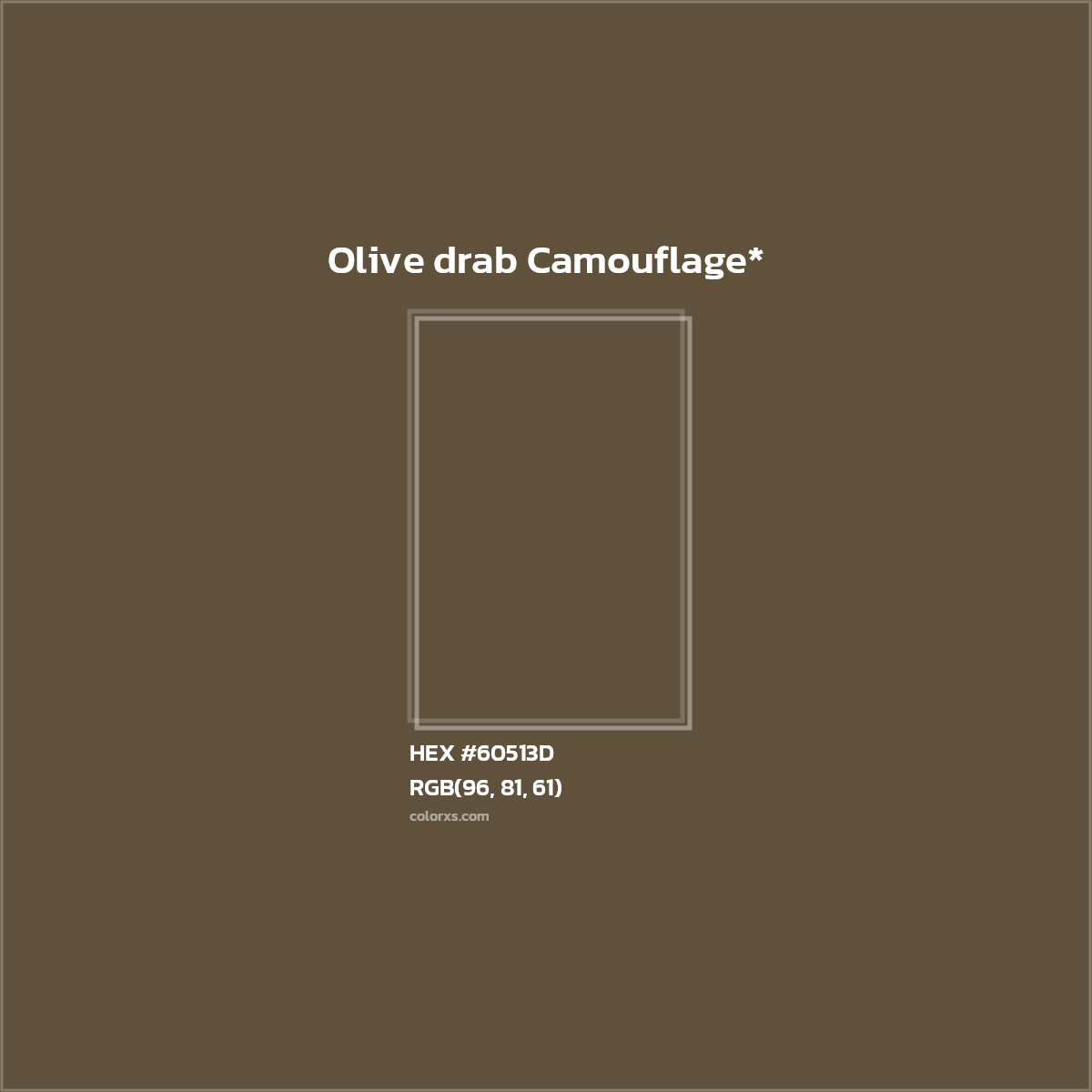 #60513D hex color. RGB, RYB, CMYK, HSL, HSV codes and color conversions. Matching color names, palettes, paints.