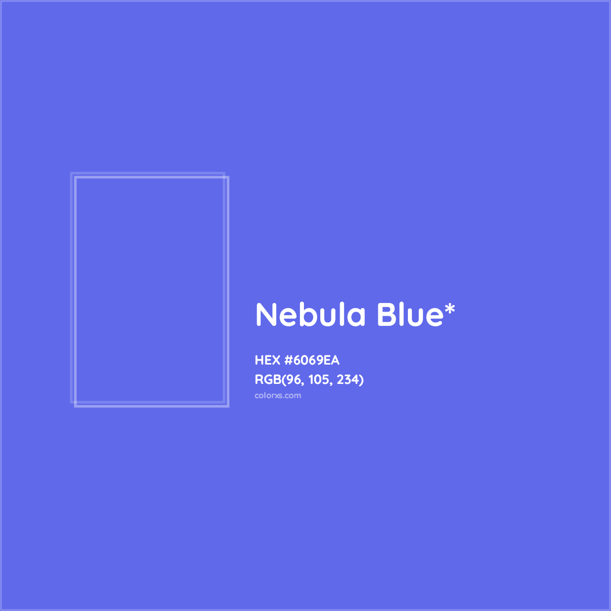 #6069EA hex color. RGB, RYB, CMYK, HSL, HSV codes and color conversions. Matching color names, palettes, paints.