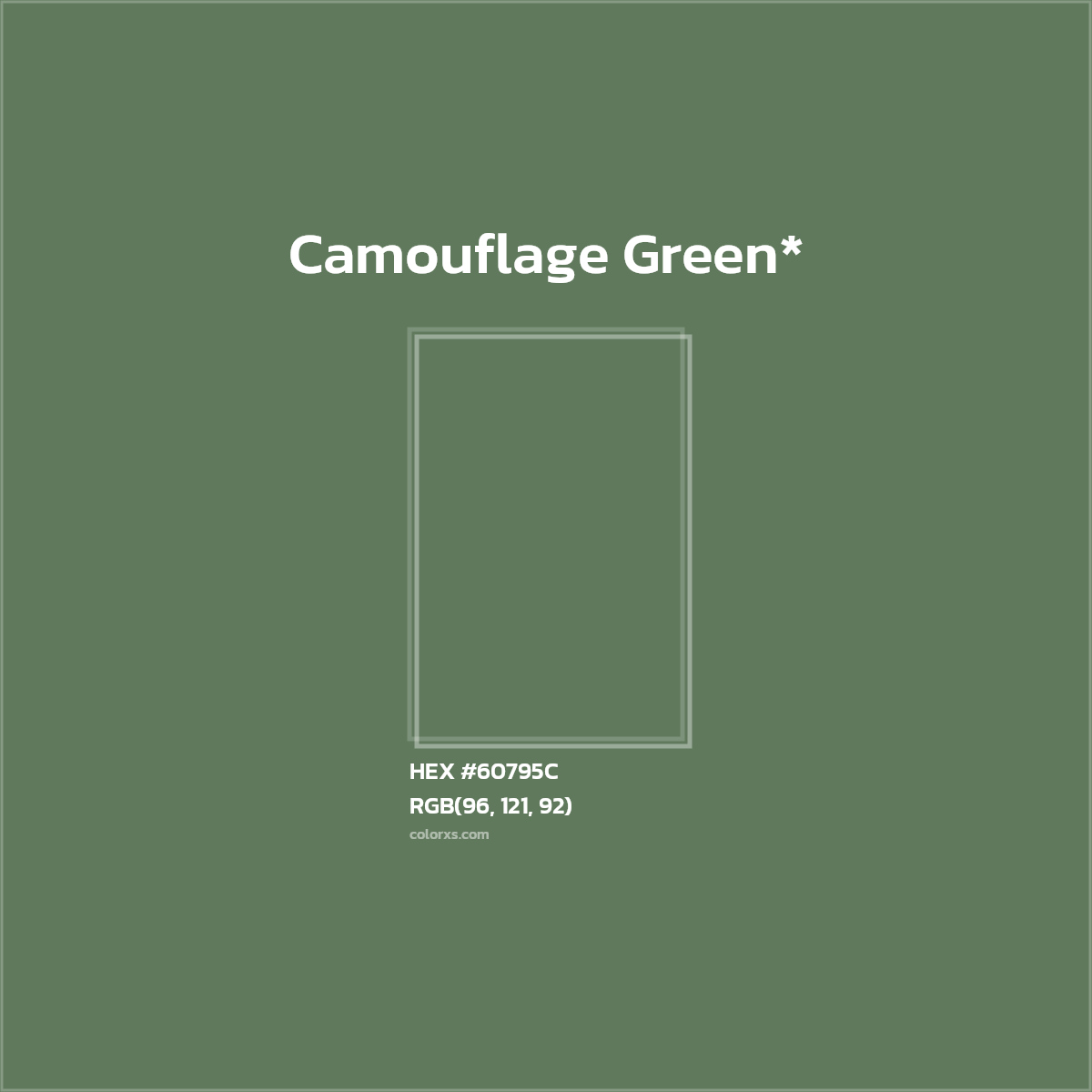 #60795C hex color. RGB, RYB, CMYK, HSL, HSV codes and color conversions. Matching color names, palettes, paints.