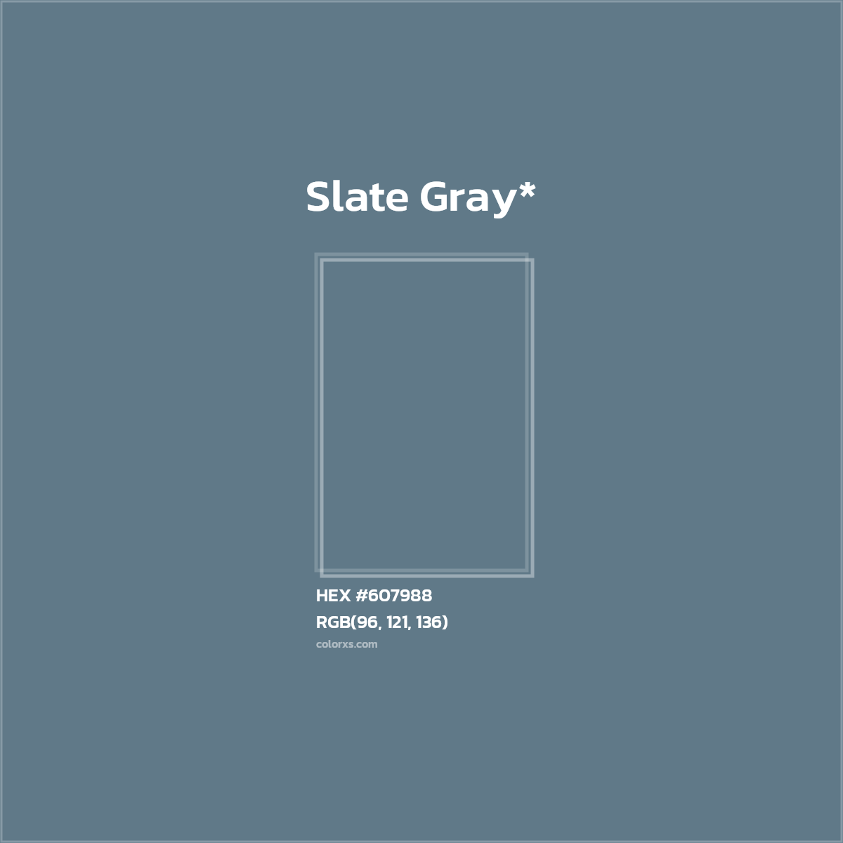 #607988 hex color. RGB, RYB, CMYK, HSL, HSV codes and color conversions. Matching color names, palettes, paints.