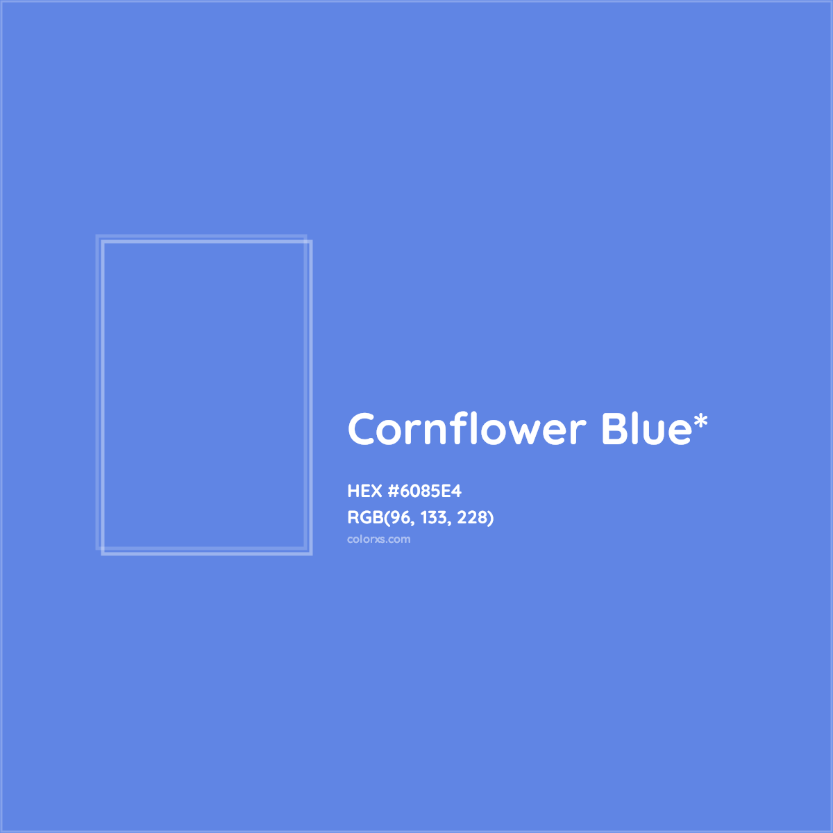 #6085E4 hex color. RGB, RYB, CMYK, HSL, HSV codes and color conversions. Matching color names, palettes, paints.